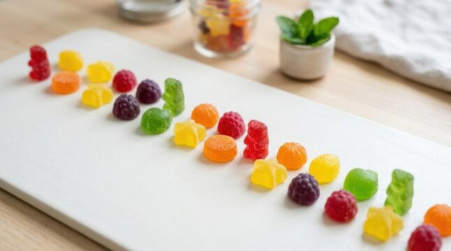 Colorful gummy vitamins arranged in diagonal line, wellness supplement concept, bright candy-like texture on clean background, realistic detail, no logos