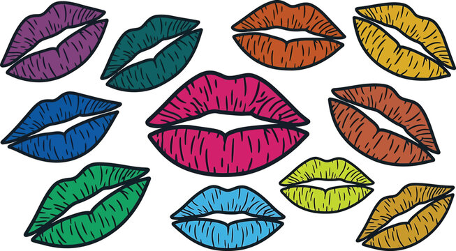 Colorful lips illustrations in various shapes and sizes