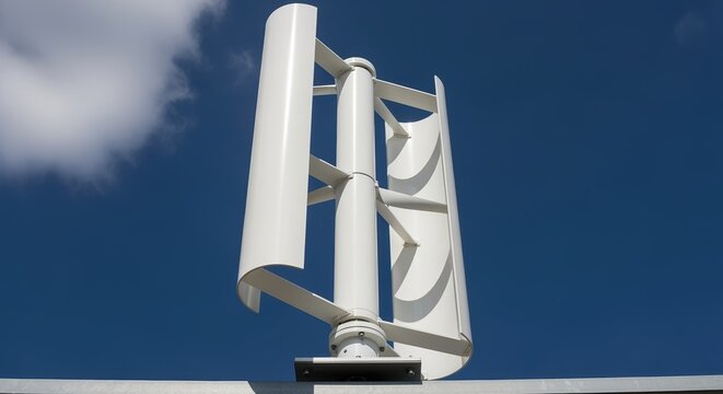 vertical axis wind turbine against blue sky with clouds for sustainable energy generation