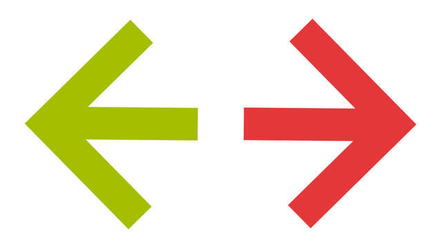 Green left arrow and red right arrow facing each other indicating exchange or opposite movement exchange opposite movement direction transfer comparison contrast different communication