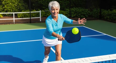 Obraz premium senior woman playing pickleball outdoors on a sunny day, embracing active lifestyle