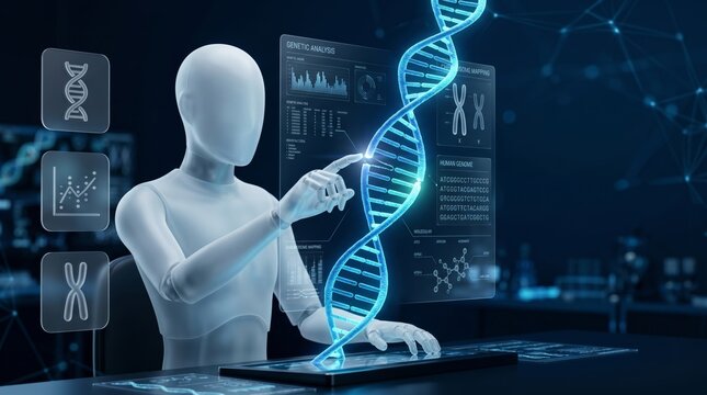 AI Robot Analyzing Glowing DNA Helix with Genetic Analysis Dashboard in Futuristic Lab 3d render