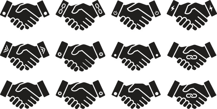shaking hands icons with various symbols on cuffs