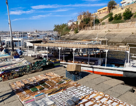 Nubian market on a harbor on the Nile , Aswan, Egypt 