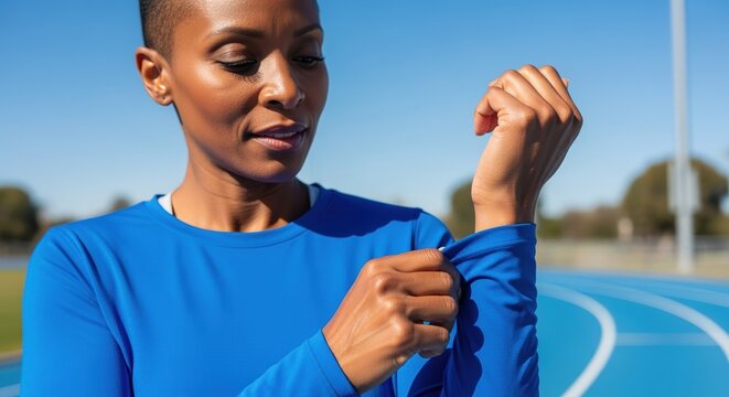 athletic woman in blue preparing for running on track under clear blue sky
