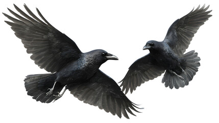 Obraz premium Ultra realistic HD two ravens flying wings spread detail, isolated on white background