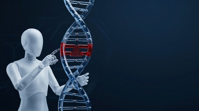 Robot AI pointing at DNA double helix with genetic mutation warning sign dark background 3d render