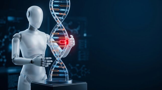 Robot Humanoid Touching Glowing DNA Double Helix Model in Dark Laboratory 3d render