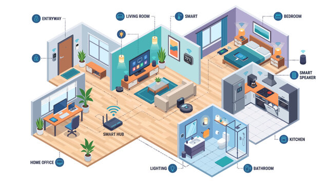 Isometric illustration of a smart home with various connected devices and rooms, including a living room, kitchen, bedroom, bathroom, and home office.