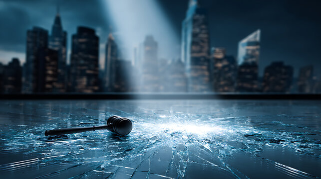 Gavel on Cracked Glass Floor in City Spotlight: Legal Justice, Consequences, Crime, or Law Enforcement Concept Image, Dark Urban Background