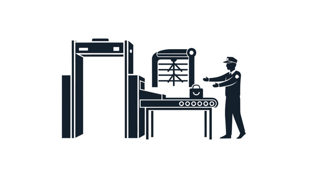 Security checkpoint illustration showing an officer and baggage scanner
