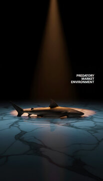 Shark on cracked marble floor under spotlight with text predatory market environment, metaphor for business competition, hostile takeover, financial risk, and aggressive corporate strategy.
