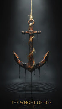 Conceptual rusted iron anchor dripping oil with a glowing gold wire representing the weight of risk in business strategy, financial burden, and environmental sustainability metaphors.