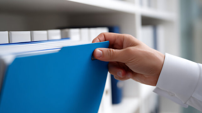 Professional hand selects blue folder from organized office shelf, meticulously managing important documents for efficient business operations and archiving
