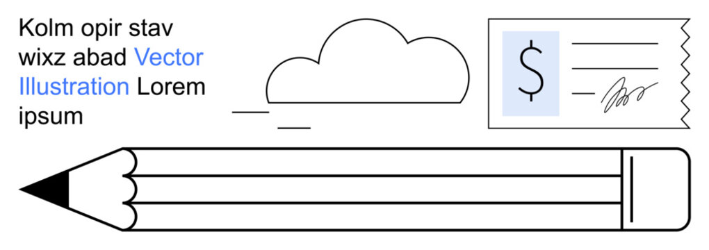 Education, creativity, finance, design, artistic planning, abstract visuals. Simplified pencil with cloud shape, generic receipt and filler text. Education and creativity visual concept