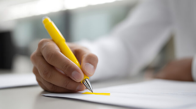 Close-up of a person's hand with a yellow pen, highlighting text on important documents or contracts in a bright office environment