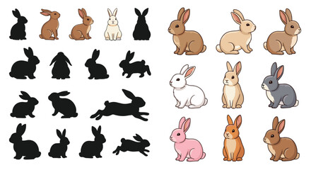 Obraz premium Set of cute cartoon rabbits and bunny silhouettes in different poses, colorful and black shapes, animal character collection for design, icons, and illustration