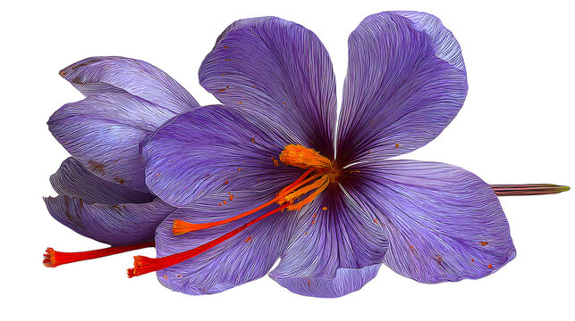 Ultra realistic HD saffron flower purple petals orange stigma, isolated on white background