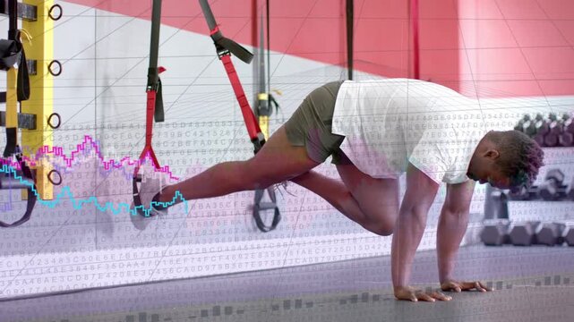 Male athlete starting plank switching knee tucks with straps for fitness and graphs tracking reps