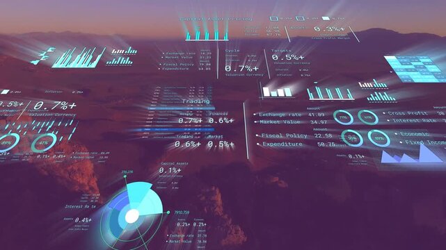 Camera drifting causing holo HUD updating, radar expanding, charts rising to show trading metrics
