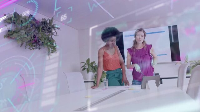 Team tapping tablet and touching docs, working biz pitch with purple overlay drifting over frame