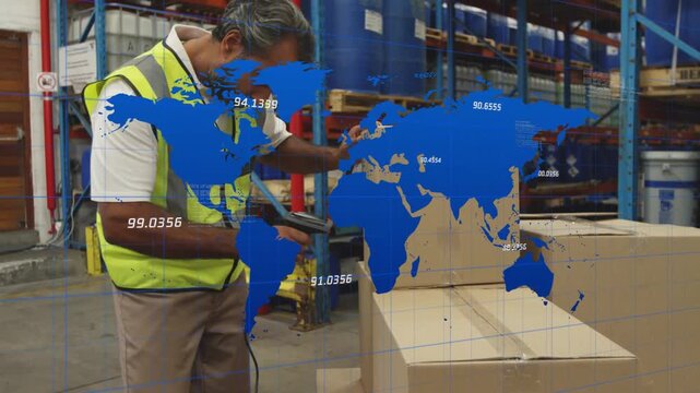Warehouse worker grabbing scanner, scanning boxes, aligning stack, checking stock, map overlaying