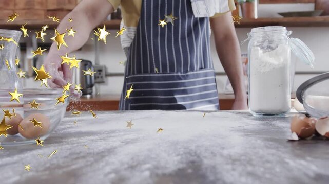Cook sprinkling from flour jar, sweeping across counter for baking, gold star drifting over scene