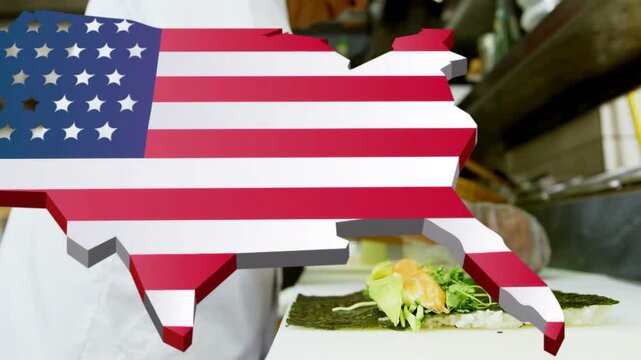 Senior chef assembling nori roll, US flag graphic entering overlaying hands preparing for service