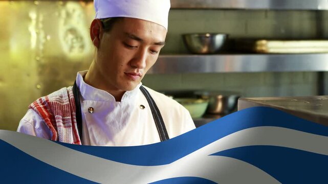 Blue-white wave shifting revealing chef holding clipboard briefly smiling checking prep for service