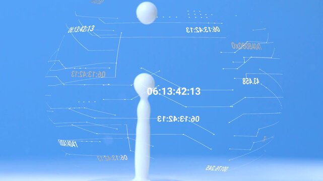 Fluid column pulsing upward forming spheres rising, falling through data grid showing timecode