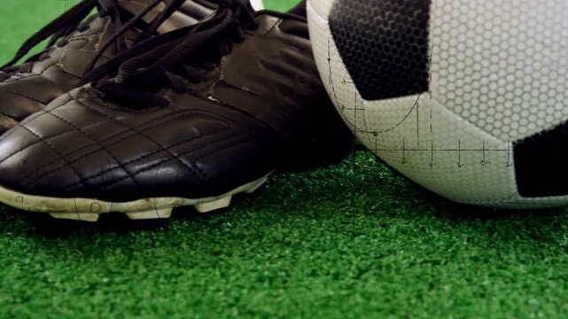 Black soccer cleats on turf shifting left as camera panning and ball moving center, showing sports
