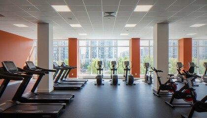 A bright, modern fitness center interior featuring rows of treadmills, elliptical machines, and stationary bikes facing large windows with an urban view. © Varos