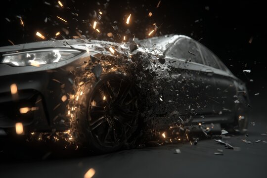 Concept of a Car Crash Showing Debris Flying in a Dark Setting With High Detail and Resolution Captured in 8K Format