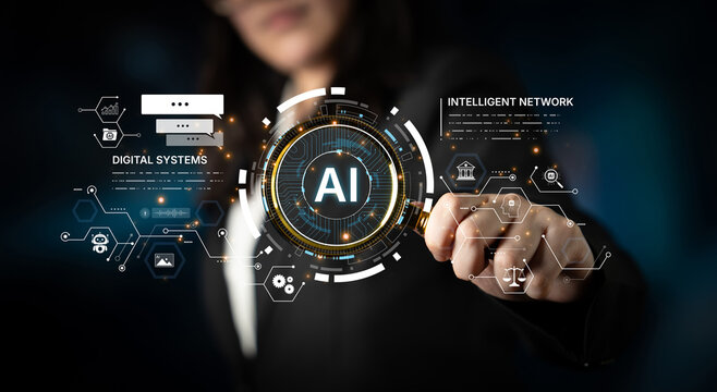 AI digital systems and intelligent network background for technology presentation. AI automation, analytics, AI security, AI innovation connecting business and data services. Corpus