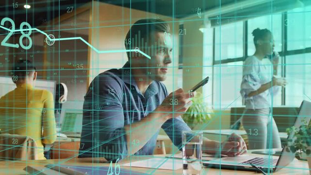 Seated man speaking into phone at desk, analytics overlay updating metrics and driving response