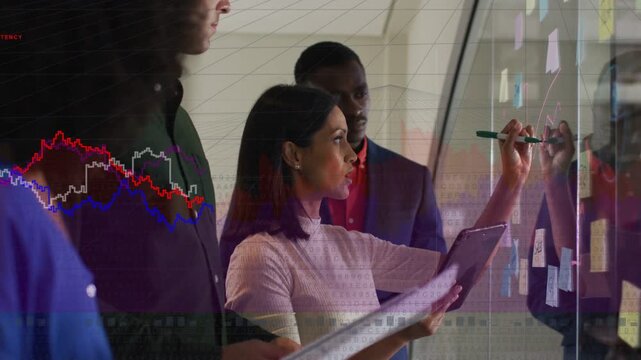 Woman with pad stepping forward studying glass and writing business KPIs as animated charts rising