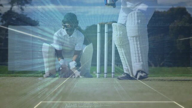 Cricket ball entering pitch as batter defending crease with bat, keeper rising under light overlay