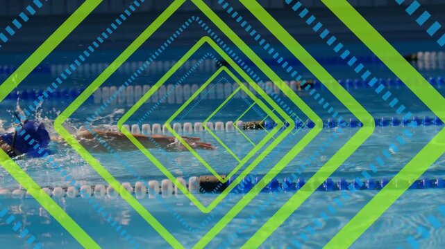 Clip starting swimmer moving, freestyle breathing and kicking to advance lane under green overlay