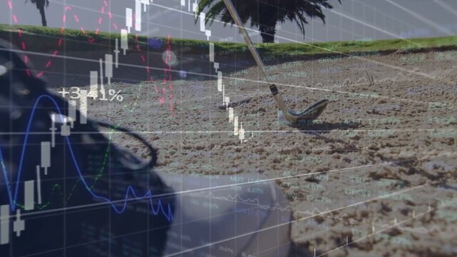Male golfer shifting weight, driving wedge, spraying sand, lifting ball, financial charts syncing