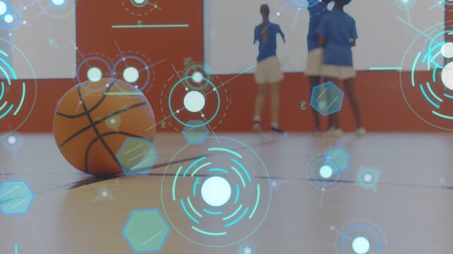 Three girls approaching court and reaching ball, HUD overlay showing dribble and passing for sports