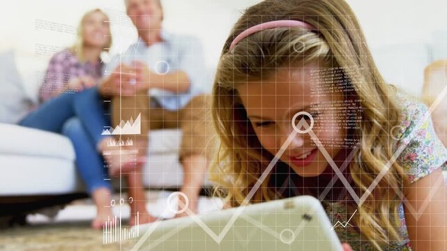 Girl tapping and scrolling tablet, generating growing charts and map overlays for education