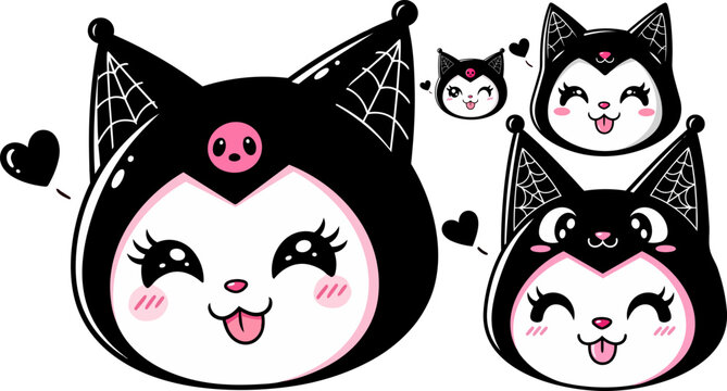 Kawaii Sanrio Kuromi cat faces, cute cartoon characters, black and white vector illustrations, Halloween themed stickers