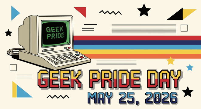 Vintage retro computer with Geek Pride Day banner and colorful celebration elements isolated on background