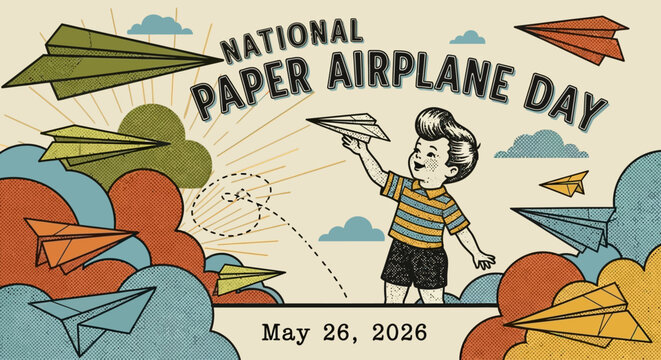Boy celebrating National Paper Airplane Day by throwing colorful paper planes isolated on background
