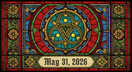 Obraz premium Vintage stained glass window design with celtic knot and date May 31, 2026 isolated on background
