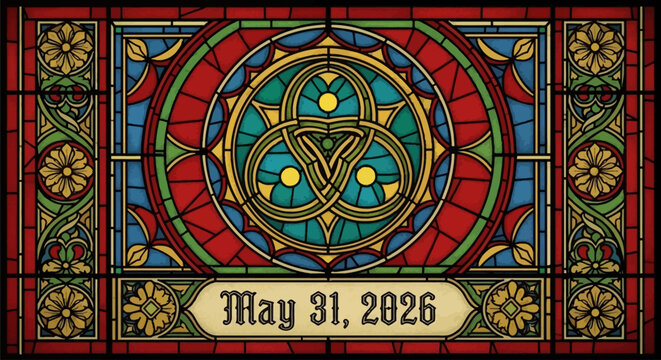 Vintage stained glass window design with celtic knot and date May 31, 2026 isolated on background