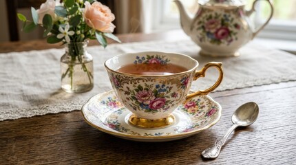 Fototapeta premium Ornate floral tea cup and saucer set, vintage-inspired tableware concept with decorative detail and elegant classic charm, realistic finish, no logos
