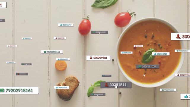 Left-side tags appearing, drifting, clustering over white bowl, cursor marking ID, annotating soup