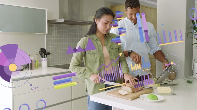 Woman starting slicing loaf and man scooping pan while preparing meal, chart overlays over people