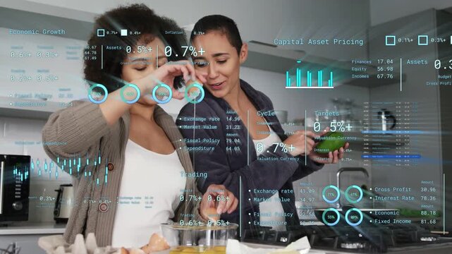 Two women left cracking eggs, right mashing avocado, making meal as finance UI shifting over hands